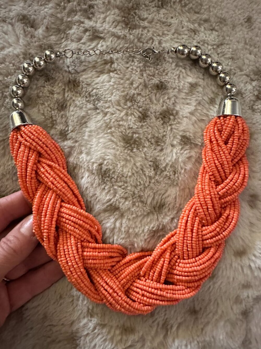 Vintage Boho Braided Coral Pink Seed Bead Multi-Strand Statement Necklace